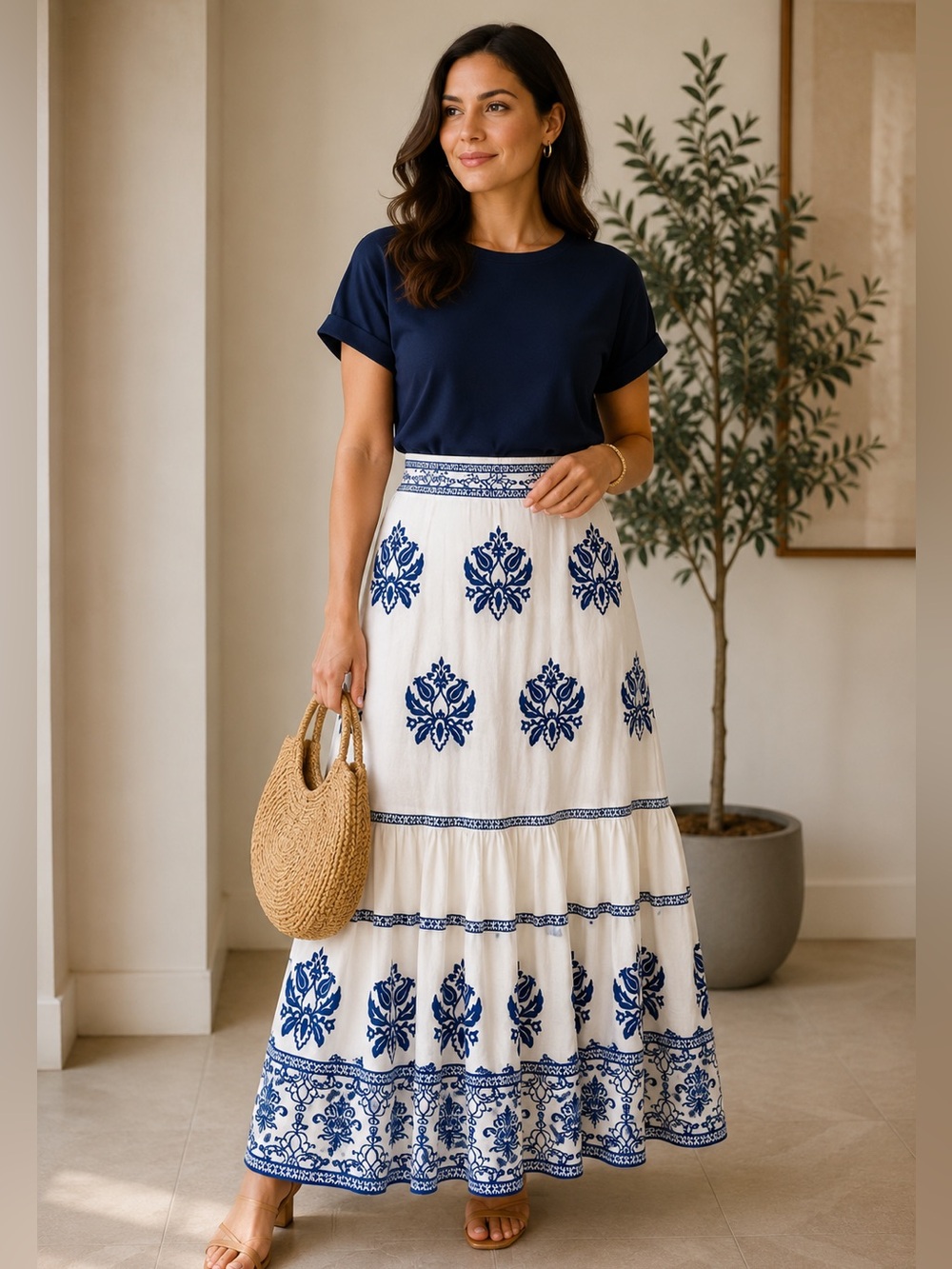 Zara White Midi Skirt with Blue Floral Print